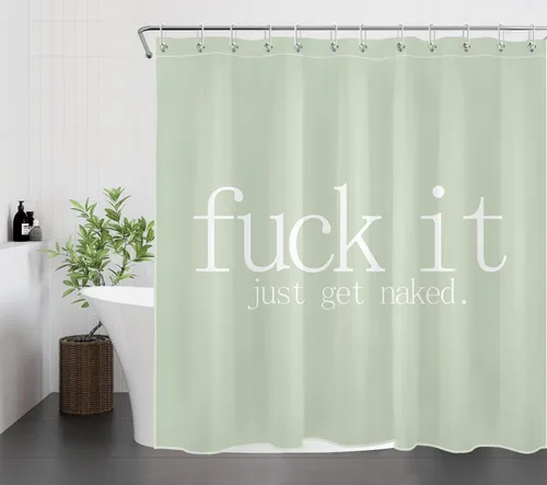 Vista 4 de LB Fuck It Get Naked - Juego de cortinas de ducha con alfombras con citas divertidas, cortina de ducha de tela verde salvia con ganchos, juego