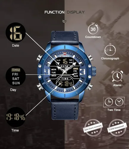 Vista 3 de NAVIFORCE Reloj deportivo digital para hombre de cuero cuarzo impermeable militar cronógrafo despertador relojes de pulsera
