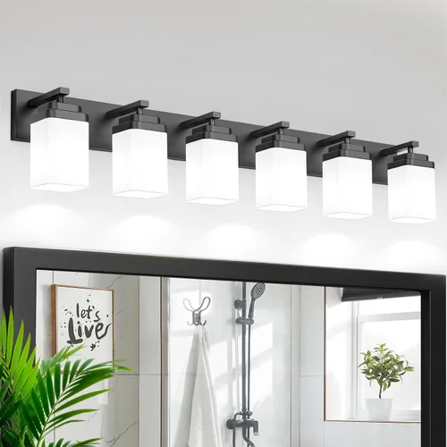 Vista 31 de Lámparas blancas para baño, 2 luces de baño, accesorios de iluminación sobre el espejo, diseño cuadrado y placa trasera grande rectangular