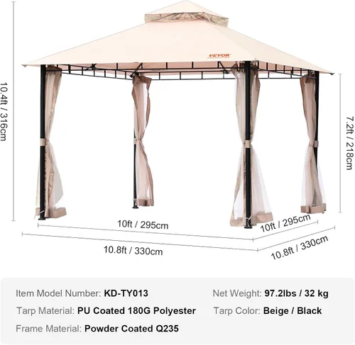 Vista 8 de VEVOR Gazebo de patio para 6-8 personas, gazebo de patio trasero de 10 x 10 pies, con mosquitera, marco de metal y poliéster de 180G recubierto