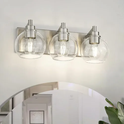 Vista 42 de Accesorios de iluminación de baño, luz de tocador mate negra de 2 luces, apliques de pared modernos con pantalla de globo de vidrio transparente