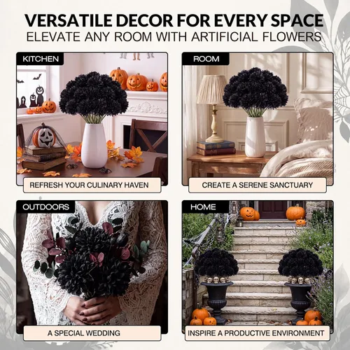 Vista 6 de Tigeen 60 piezas de flores artificiales negras crisantemo para decoración Negro
