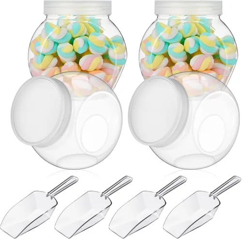 Vista 7 de Umigy 2 juegos de tarros de plástico transparente para dulces con tapas y cucharas, tarros de galletas transparentes de 42 onzas para despensa