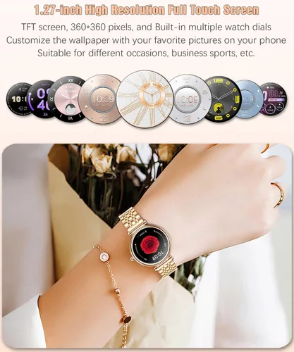 Vista 3 de Reloj para mujer, pantalla AMOLED HD de 1.25 pulgadas, reloj inteligente para mujer, rastreador de actividad física con monitor de frecuencia Dorado