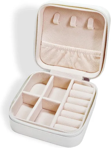 Vista 6 de MENGCHACHA Caja de joyería de viaje, organizador de joyas pequeño, caja de joyería pequeña de cuero de la PU, anillo de joyería, colgante