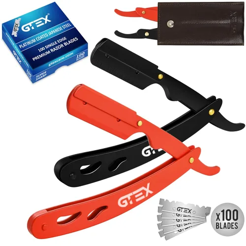 Vista 11 de 2 maquinillas de afeitar rectas para hombres (azul negro), 100 cuchillas GTEX de primera calidad (acero japonés) – Paquete de 2 maquinillas
