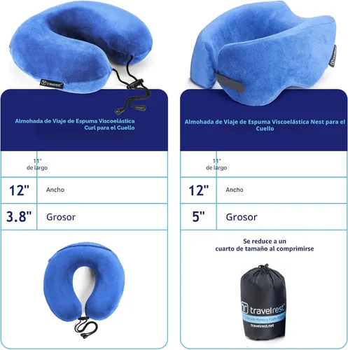 Vista 4 de Almohada terapéutica de viaje Travelrest, viscoelástica, de felpa, con cobertura de microfibra lavable, se engancha al equipaje, Memory Foam, Azul