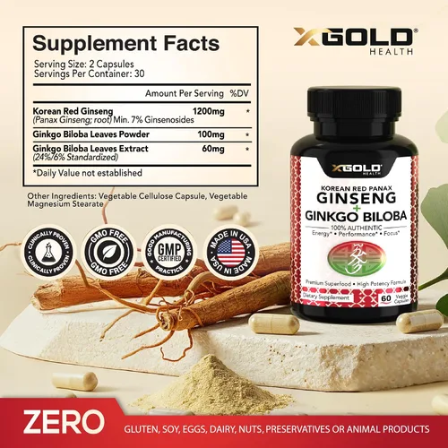 Vista 2 de X Gold Health Panax Ginseng rojo coreano + ginkgo biloba – 7% de ginsenósidos extra fuerte – Energía, memoria, enfoque y apoyo cerebral – Suplemento