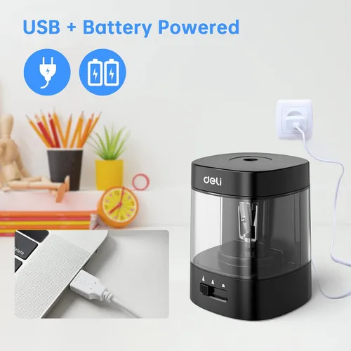 Vista 5 de Deli - Sacapuntas eléctrico, sacapuntas automáticos para lápices n.º 2 y lápices de colores, sacapuntas operado por USB y batería para niños, Negro