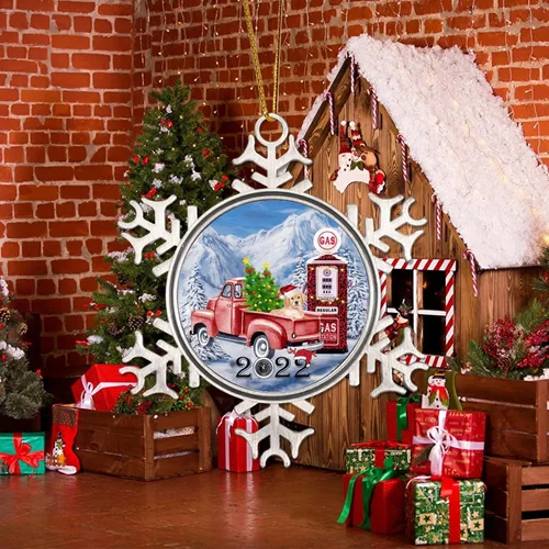 Vista 5 de Adornos de metal de felicitación para perros de invierno, colgante colgante para colgar precios de gasolinera, adornos de Navidad, perro de nieve