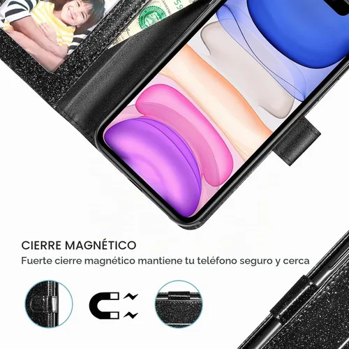 Vista 5 de UEEBAI Funda tipo cartera para iPhone 11, funda de piel sintética con purpurina para teléfono, ranuras para tarjetas, funda con función atril Negro