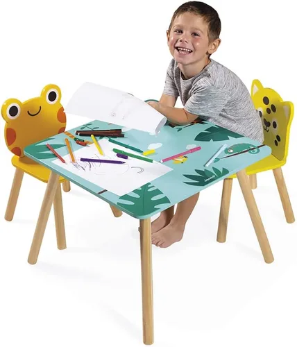 Vista 4 de Janod - Mesa Tropik de Madera y 2 Sillas - Mueble Infantil - Mesa: 21,65 x 21,65" - 1 Silla Jaguar y Rana - Pinturas a Base de Agua - 3 Años + J08273
