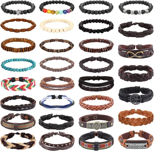 Vista 2 de FASACCO 31 pulseras de cuero trenzado para hombres y mujeres cuerdas de cáñamo tejidas cuerda étnica pulseras de cuentas de madera pulsera ajustable