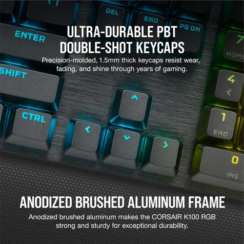 Vista 7 de Corsair Teclado mecánico óptico K100 RGB para juegos - Corsair OPX RGB - Teclas ópticas y mecánicas - Tecnología AXON de hiperprocesamiento para un