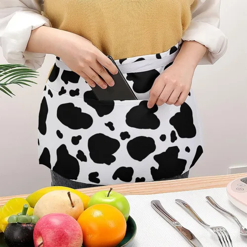Vista 3 de Delantal de media cintura con estampado de vaca, con 3 bolsillos, ajustable, para cocinar, servir con correa larga, delantales para mujeres