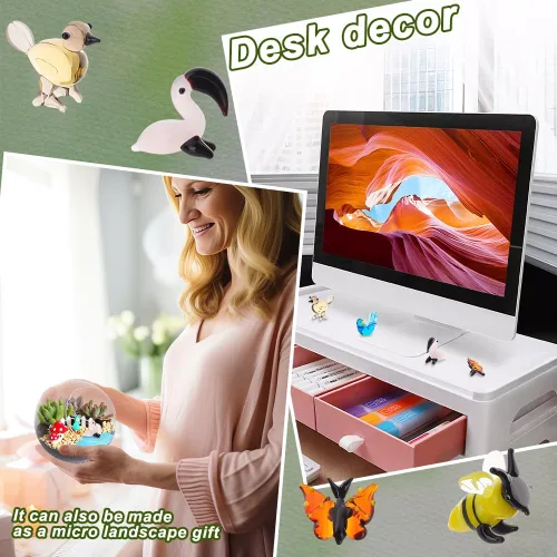 Vista 6 de AHANDMAKER 6 mini figuras de animales, 6 estilos de figuras de animales de vidrio para decoración del hogar de mesa, libélula pájaro, abejas