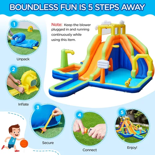 Vista 7 de Yaheetech - Casa inflable para rebotar, tobogán acuático estilo nubes arcoíris 10 en 1 Combo w/ 2 Pools & Large Climbing Wall & Tunnel, Double