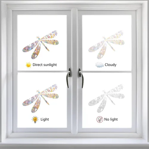 Vista 4 de GORGECRAFT 24 calcomanías de prisma de alerta de vidrio con diseño de libélula anticolisión para ventanas de arcoíris, película de vinilo
