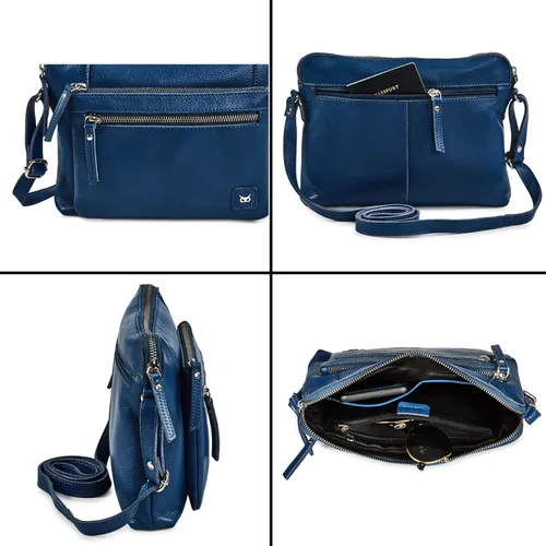 Vista 6 de Bolso cruzados pequeño y cartera de cuero auténtico granulado suave, bolso de hombro cruzado tipo bandolera de calidad prémium y triple cremallera