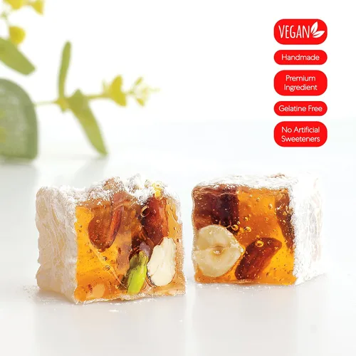 Vista 4 de Hazer Baba Delicias Turcas, Caja de bocadillos gourmet con nueces mixtas y sabor a vainilla, bocadillo tradicional vegano, Lokum turco, dulces