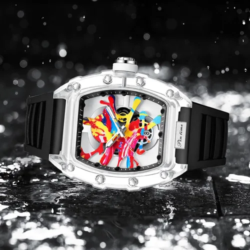 Vista 3 de PINTIME Tonneau de lujo para hombre, diseño de graffiti punk con esfera artística, hip-hop, movimiento japonés, diseño luminoso con banda de silicona