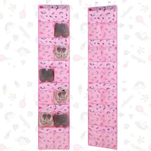 Vista 9 de Windyun Organizador de zapatos para niños sobre la puerta, 24 bolsillos, organizador de botellas de agua de unicornio para bebé, estante colgante