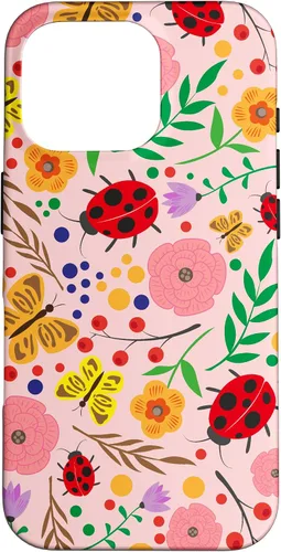Vista 20 de iPhone 16 Cute Ladybugs Flowers Pink Pattern Bouquet Lover Cell Phone Case