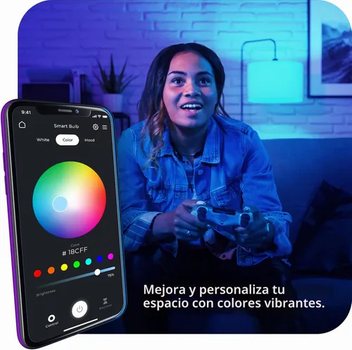 Vista 3 de Bombilla LED Wi-Fi inteligente GLOBE Electric de 10W, RGB multicolor + blanco ajustable 2000K–5000K, forma A19, base E26, control por aplicación +