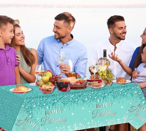Vista 6 de 3 manteles de cumpleaños verde azulado y plateado para decoraciones de fiesta de feliz cumpleaños, cubiertas de mesa de plástico desechables