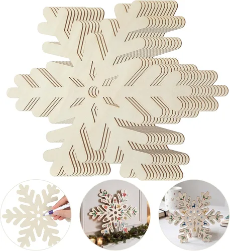 Vista 21 de 12 piezas de copos de nieve de madera sin terminar de 8 pulgadas para manualidades, adorno de copo de nieve de madera, decoración de pared colgante