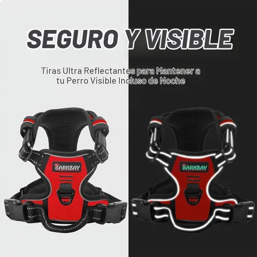 Vista 5 de BARKBAY arnés para perro sin tirones con clip frontal, resistente y reflectante, asa de control fácil para paseos de perros grandes (rojo, L)