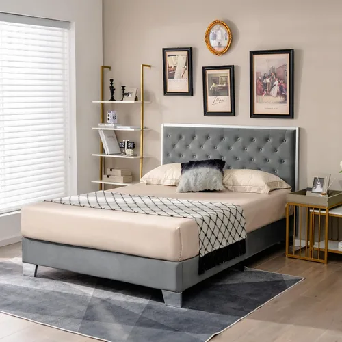 Vista 8 de Giantex Base de cama tapizada, plataforma moderna con cabecera de terciopelo capitoné con botones, marco de cama tamaño matrimonial, base de colchón