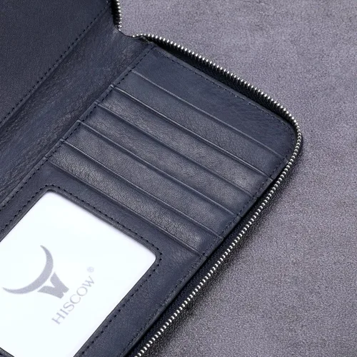 Vista 7 de HISCOW Funda de cuero para chequera, billetera con cremallera, color azul Aniline Cuero Azul