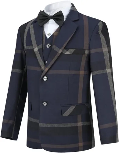 Vista 3 de SWOTGdoby Trajes de vestir para niños de 3 piezas, ajuste delgado, a cuadros, trajes de esmoquin para niños, chaqueta formal, chaqueta, pantalones