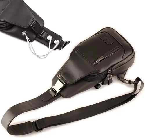 Vista 8 de Bolso bandolera de cuero para hombre bolso de pecho bolso de mensajero bolso de hombro pequeño Negro - Viajar