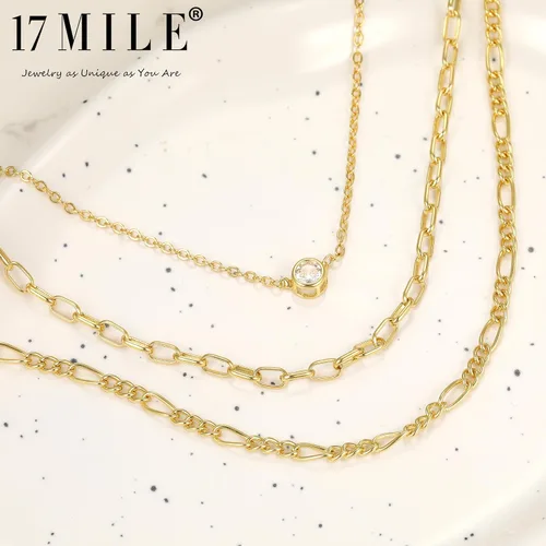 Vista 5 de 17 MILE Juego de collar de cadena en capas de oro para mujer, moderno Gargantilla de espiga delicada chapada en oro de 14 quilates ajustable