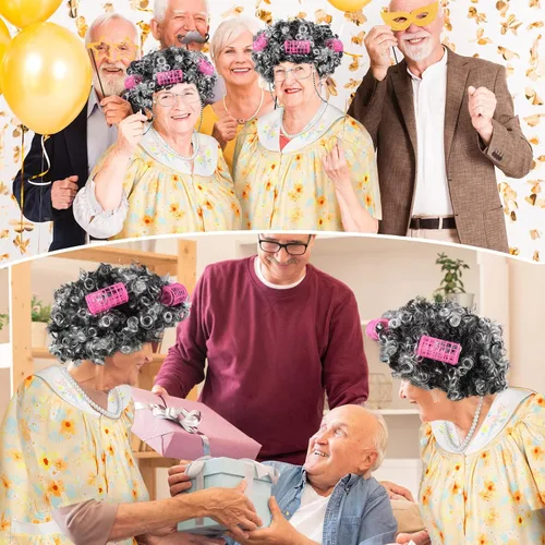 Vista 5 de Jiuguva 7 piezas de disfraz de anciana para mujeres y niños, túnica de manga corta para abuelita, peluca de anciana, peluca plegable con muleta