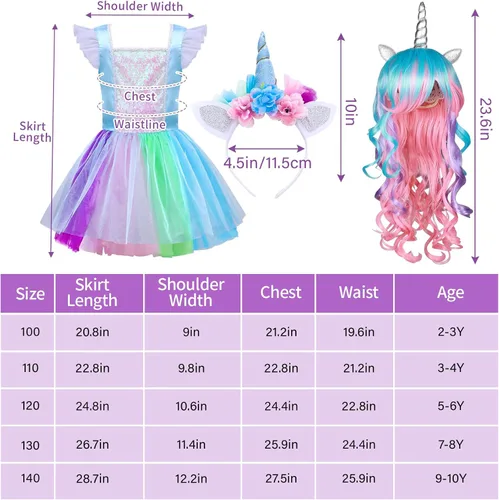 Vista 6 de G.C Vestido de unicornio para niñas, disfraz de princesa con diadema y alas para niños, falda tutú de manga con vuelo, regalos de Halloween