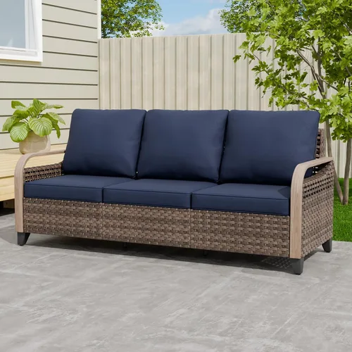 Vista 10 de EAGLE PEAK Sofá de mimbre para patio al aire libre, muebles modernos de ratán para patio, terraza, porche, balcón, sofá de 3 asientos, marrón/gris