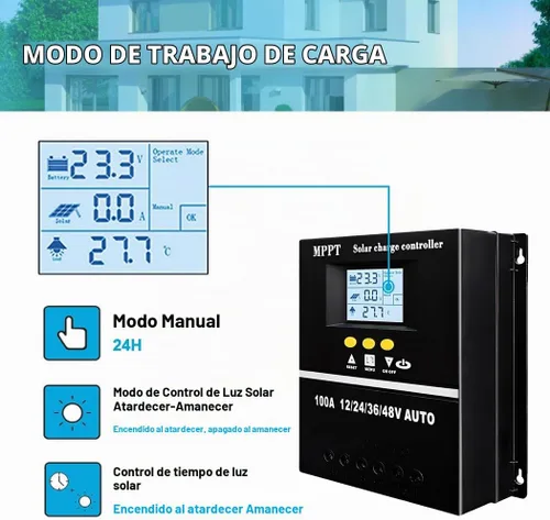 Vista 7 de Controlador de carga solar MPPT de 60 A 12 V 24 V 36 V 48 V Pantalla LCD Regulador inteligente de batería Entrada máxima de 100 V USB dual