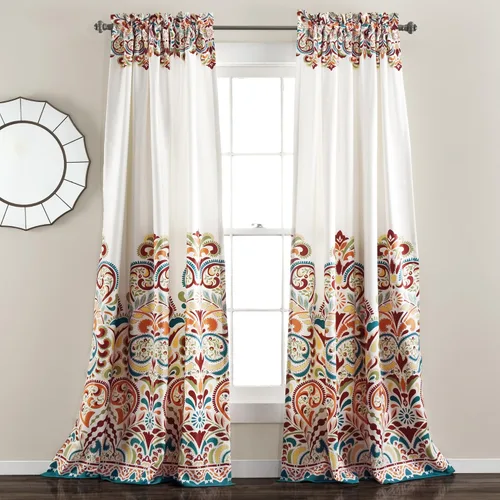 Vista 8 de Lush Decor Clara Valance - Cortina individual de estilo bohemio con estampado de damasco, cenefa, azul y verde