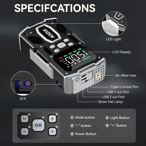 Vista 7 de ACEZUK - Arrancador portátil para automóvil con compresor de aire, 150PSI 8000A (todo gasolina/10.0L diesel), batería de 12 V, batería de arranque