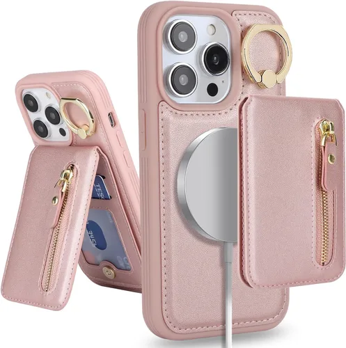 Vista 9 de para iPhone 14 Funda con soporte magnético Magsafe compatible, llavero de cuero PU plegable con soporte desmontable, funda tipo cartera 2-en-1