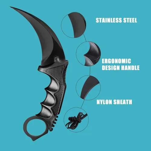 Vista 4 de 2 Piezas Cuchillo Karambit de Hoja Fija, Herramienta Táctica de Acampada, Cuchillo de Caza al Aire Libre con Funda y Cordón, Adecuado