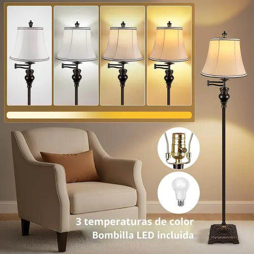 Vista 4 de PARTPHONER Lámparas de pie vintage para sala de estar, lámpara de pie de granja tradicional con brazo oscilante ajustable de 350° para dormitorio