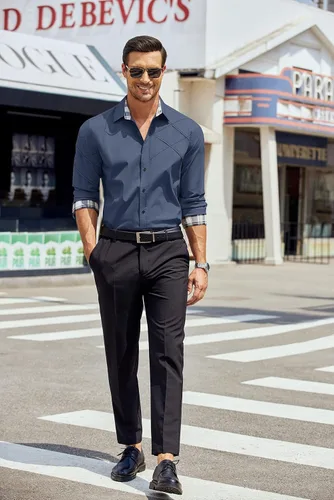 Vista 3 de COOFANDY Camisas de vestir de algodón para hombre, manga larga, cuello a cuadros, ajuste delgado, casual, con botones
