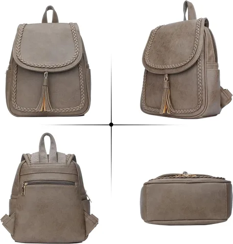 Vista 2 de KKXIU Bolso pequeño de la mochila del cuero sintético de la manera para las mujeres y las niñas adolescentes con la borla, Caqui, Viajar