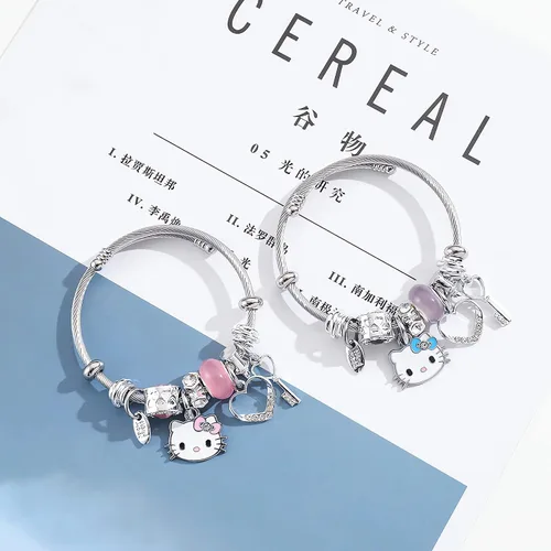 Vista 3 de Lindas pulseras para mujeres y niñas, brazalete ajustable de acero inoxidable de dibujos animados para esposa, novia, regalos de joyería, Zinc, Sin
