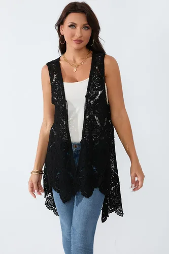 Vista 3 de Chaleco de encaje de ganchillo para mujer, estilo bohemio, sin mangas, kimono con dobladillo irregular