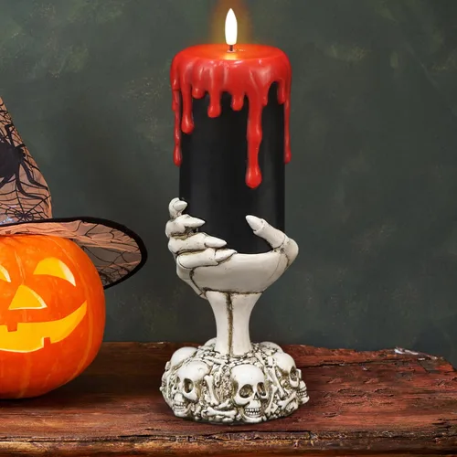 Vista 15 de Vela sin llama de Halloween, globo de nieve, funciona con pilas con temporizador de 6 horas, calcomanía de araña de luz verde, lámpara de tornado
